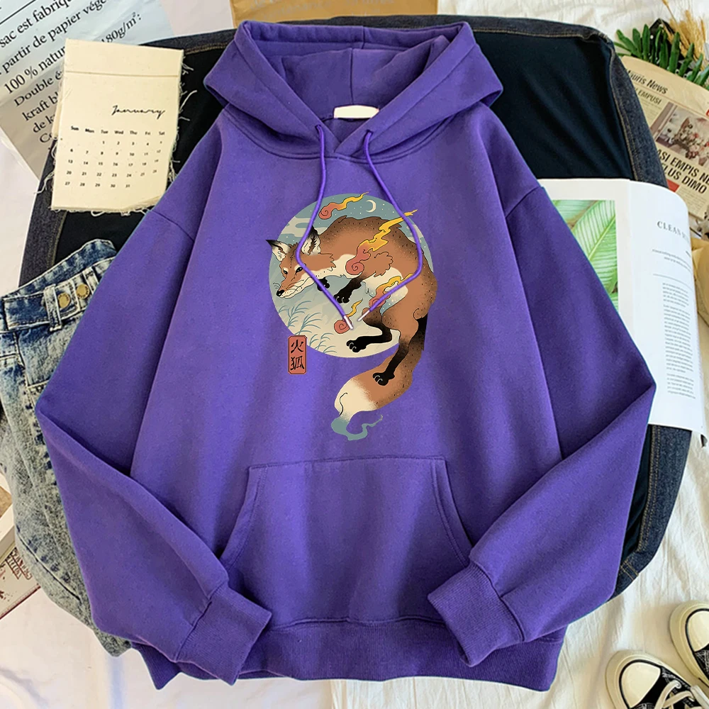 

Cartoon Animal Fire Fox Male Sweatshirts Street Harajuku Man Hoodies Autumn Casual Tracksuits Comfortable Fleece Streetwear