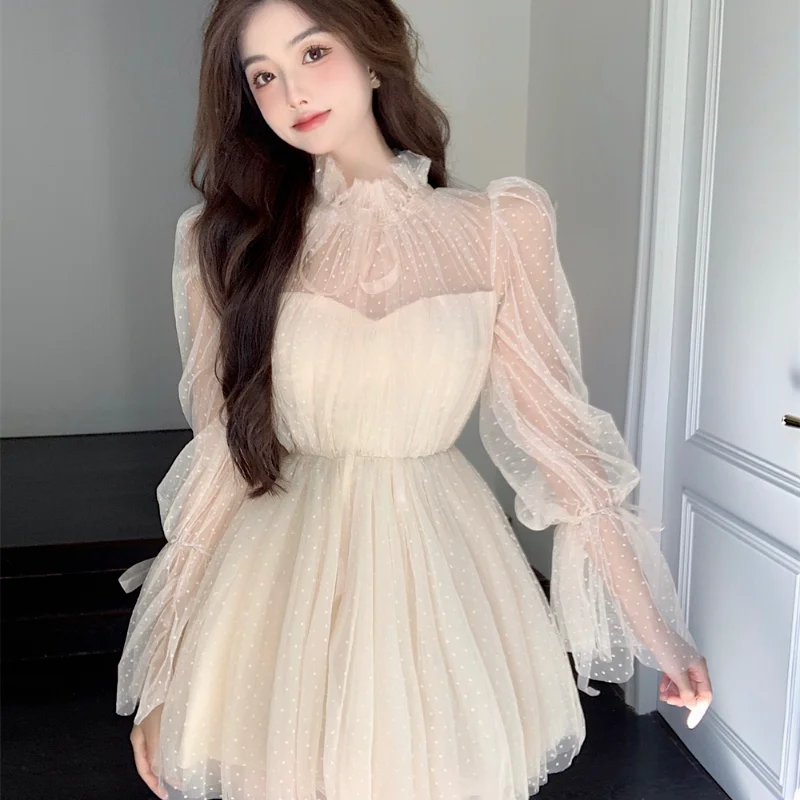 

Платье женское Сетчатое в горошек, пикантное Вечернее Бальное в стиле пэчворк, с лентами, с длинным рукавом, милое Модное в Корейском стиле