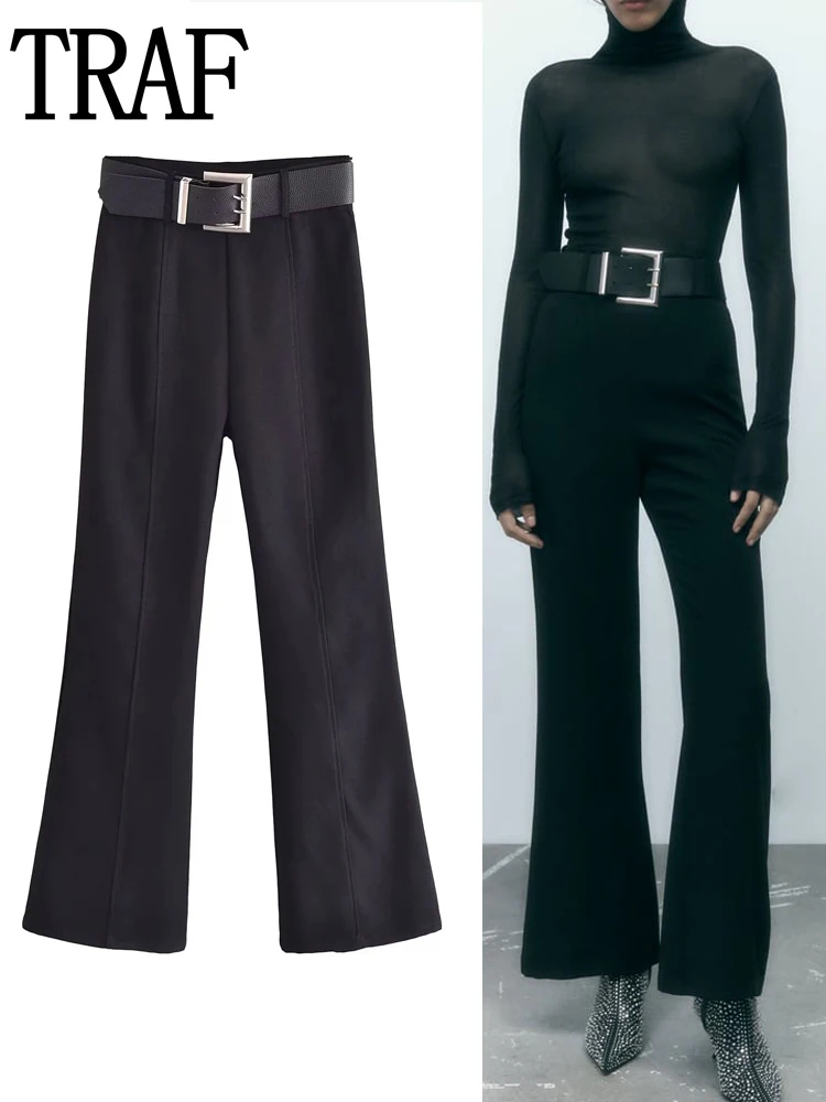 

TRAF Black Pants For Women High Waist Flare Pants Woman Streetwear Baggy Women's Trousers Autumn Fashion Belt Casual Pants