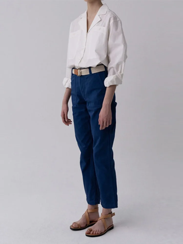 

100% Cotton Cuban Collar Blouse For Women 2022 Spring Solid Color Loose Single Breasted Office Lady Large Pockets Simple Shirts