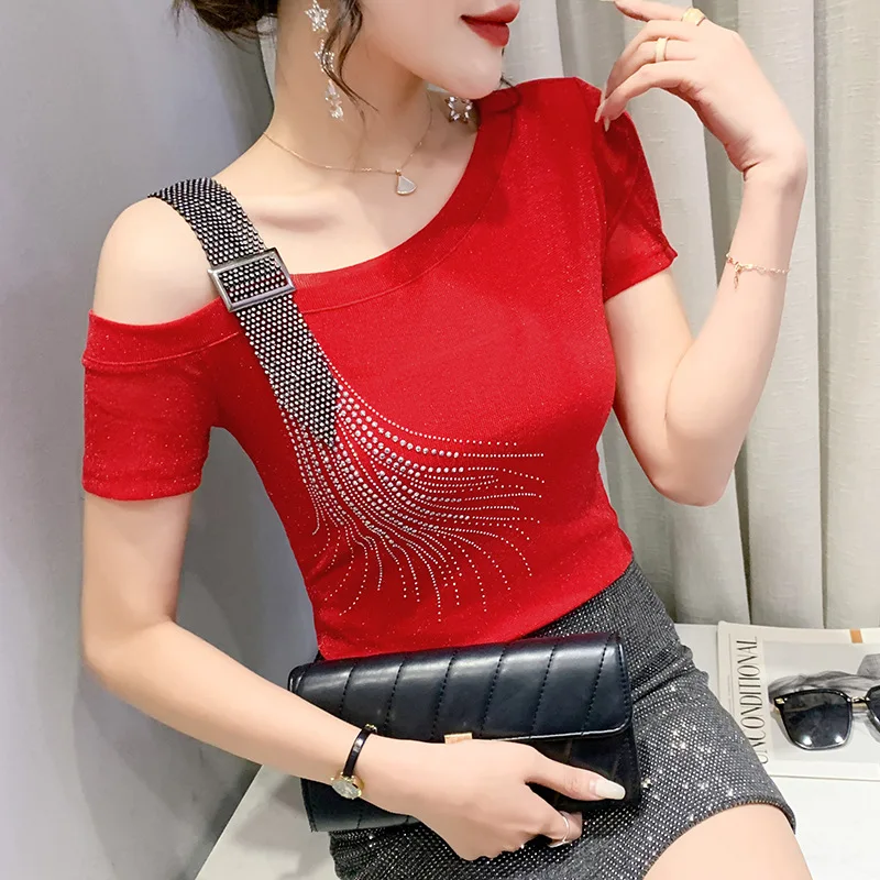 

2022 Summer New Slim Fit and Slim Design Off-the-shoulder Hot Drill Fashion Short-sleeved T-shirt Women's Irregular Top