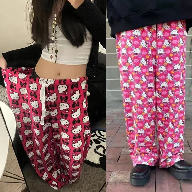 

Женские Пижамные брюки Y2k, свободные милые повседневные тонкие брюки с высокой талией, модные женские брюки с широкими штанинами