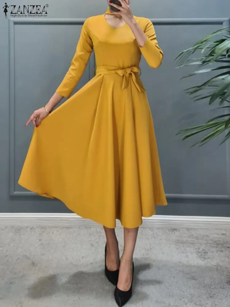

Vintage V Neck Fashion A Line Vestidos Party Robes Woman Clothing ZANZEA 2022 Women Solid Dresses 3/4 Sleeve Sexy Midi Sundress
