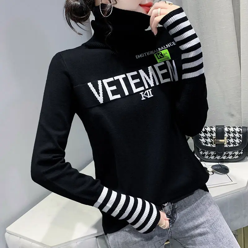 

Autumn and Winter 2022 New Stripe Splice Slim Fit High Neck Women's Sweater Long Sleeve Backing Knitwear Women's Pullover Top