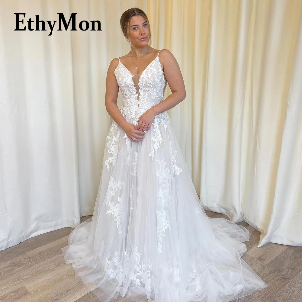 

Ethymon Elegant Backless Spaghetti Straps V-Neck Wedding Gown For Bride Made To Order Floral Print Tulle Vestido De Casamento