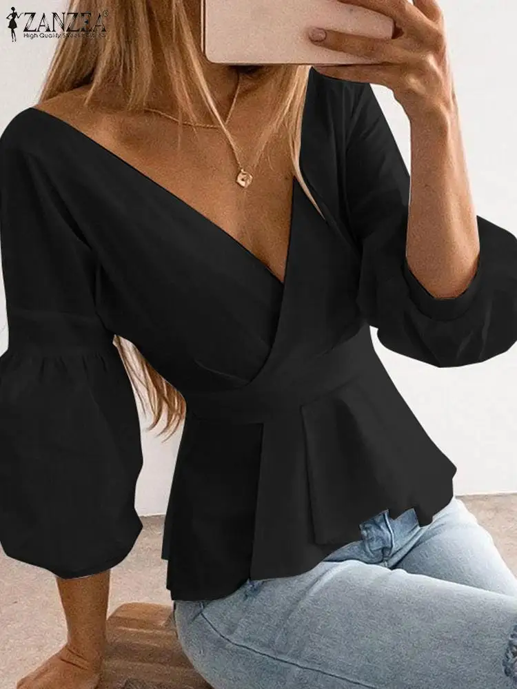 

Блузка ZANZEA женская с V-образным вырезом, пикантная короткая рубашка с оборками, Повседневная Уличная одежда, топ с рукавами-фонариками и бас...