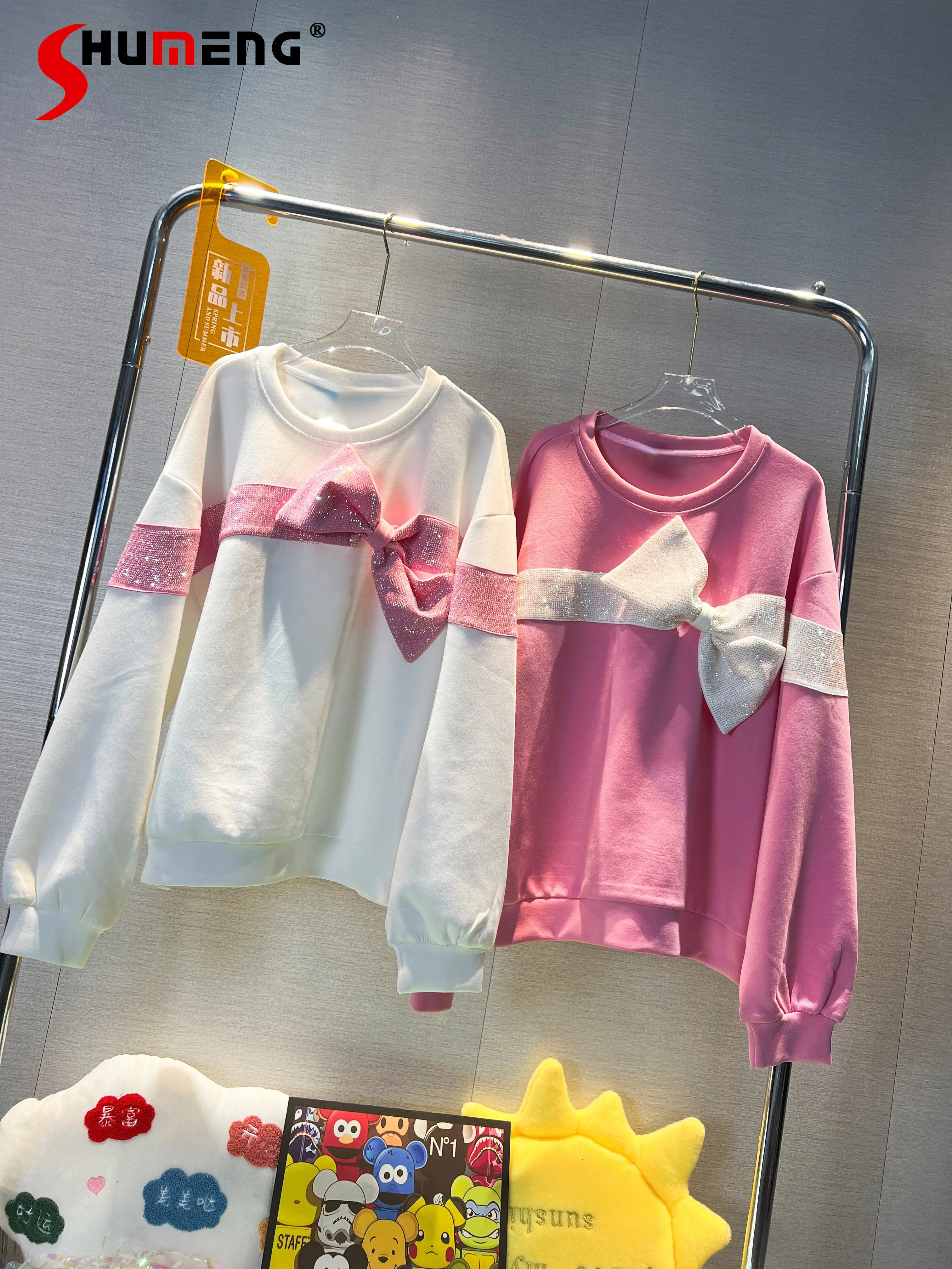 

Hot Drilling Pink Turtleneck Sweatshirt Women Shiny Bow Round Neck Long Sleeve Hoodie Coat Top 2022 Autumn Winter New Clothes