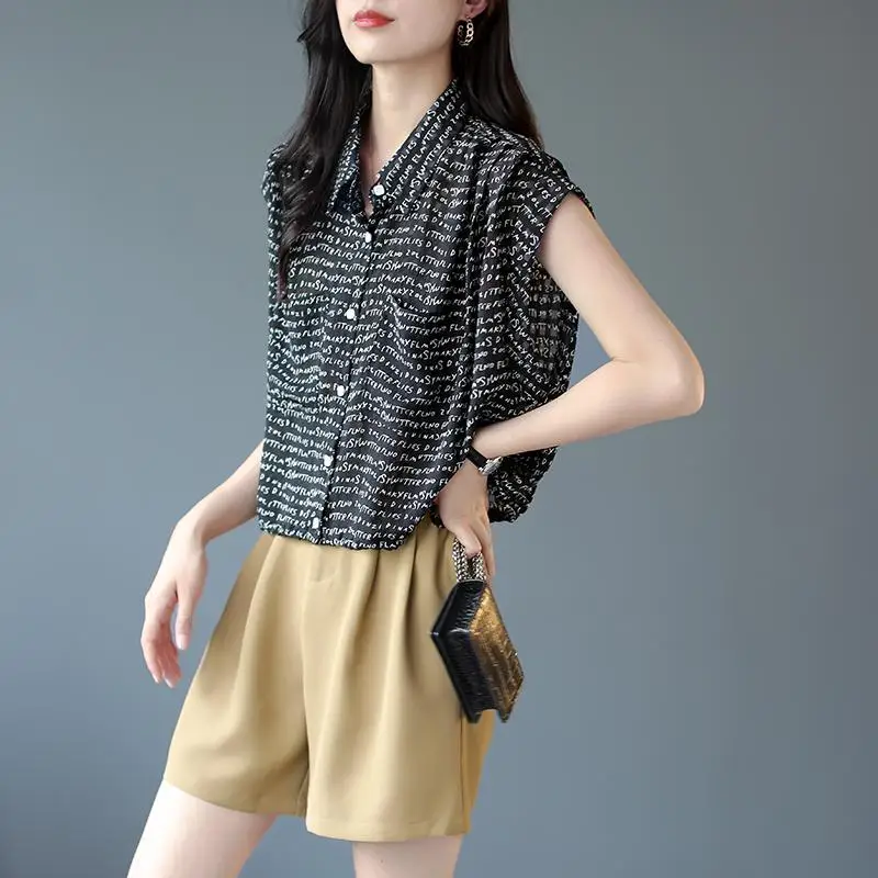 

Женская свободная короткая шифоновая рубашка, Новинка лета 2022, тонкая рубашка с коротким рукавом и принтом, женская блузка