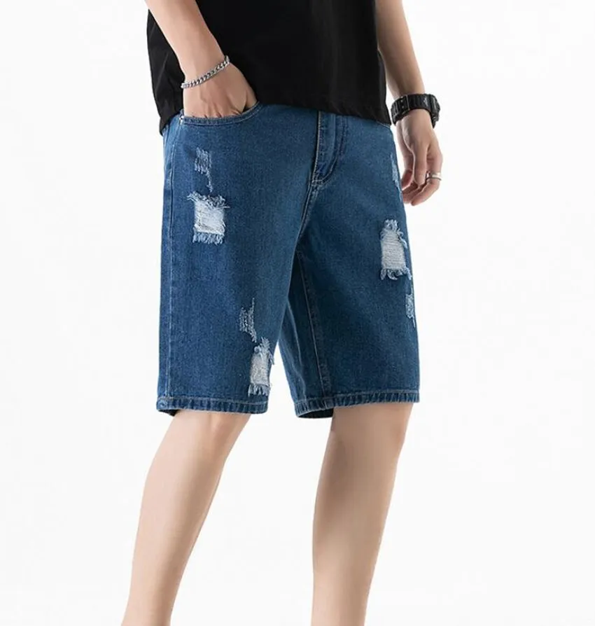 2023 Summer New Japan Korea Hole Ripped Straight Men Jeans Shorts  Fashion Loose Blue Washed Street Knee-length Male Denim Pants