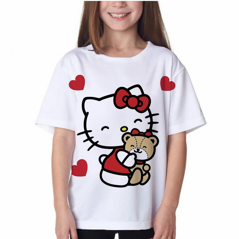 2023 Popular Fashion Casual Women's Loose T-shirt Solid Girl Top Hello Kitty Print Cute Blue White O-Neck Short Sleeve