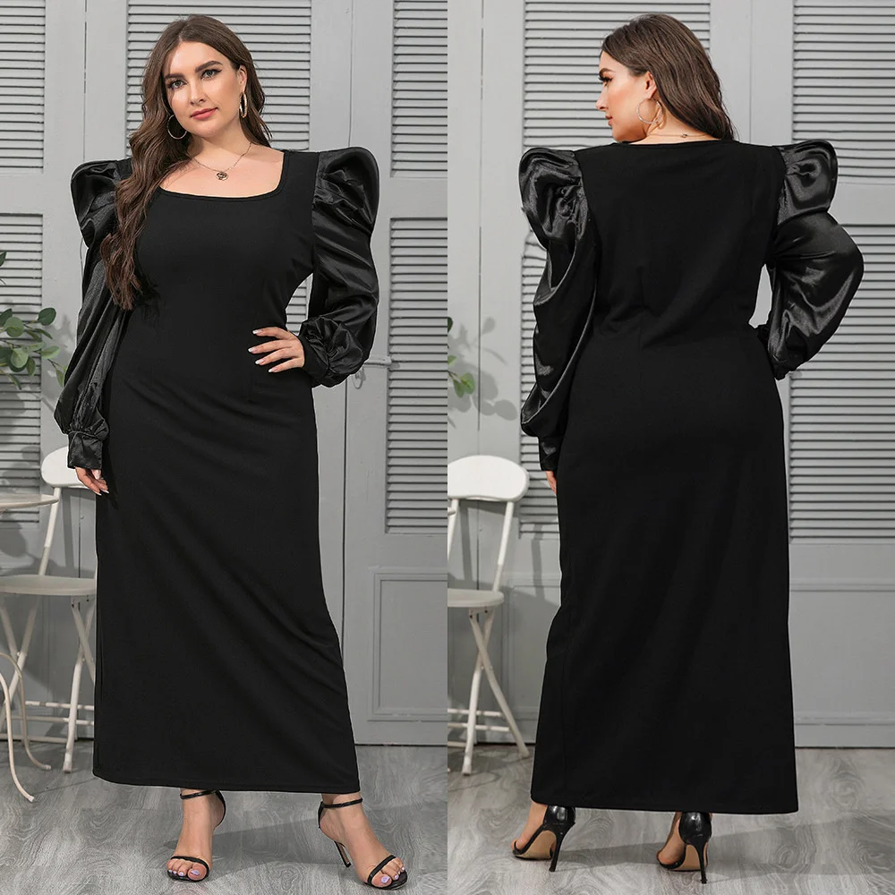 Plus Size Women Clothing 2023 Spring And Autumn New Large Women's Fashion Square Neck Bubble Sleeve Loose Elegant Dress