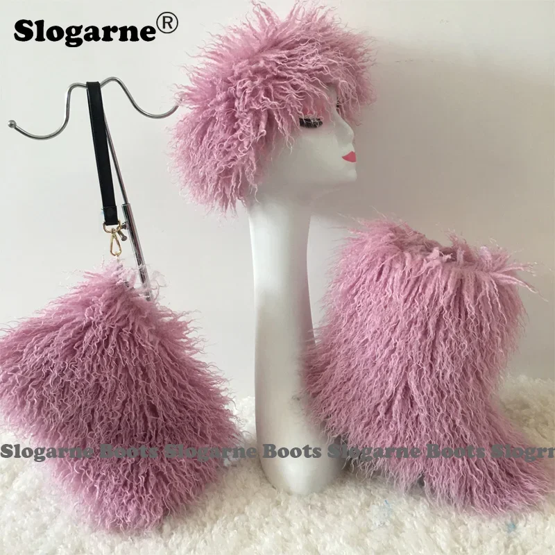 

2023 Girls' Winter Faux Fur Fashion Sets Fur Boots Fur Bag Fur Cap Hat Women Outdoor Fluffy Snow Boots Luxury Furry Warm Bottes
