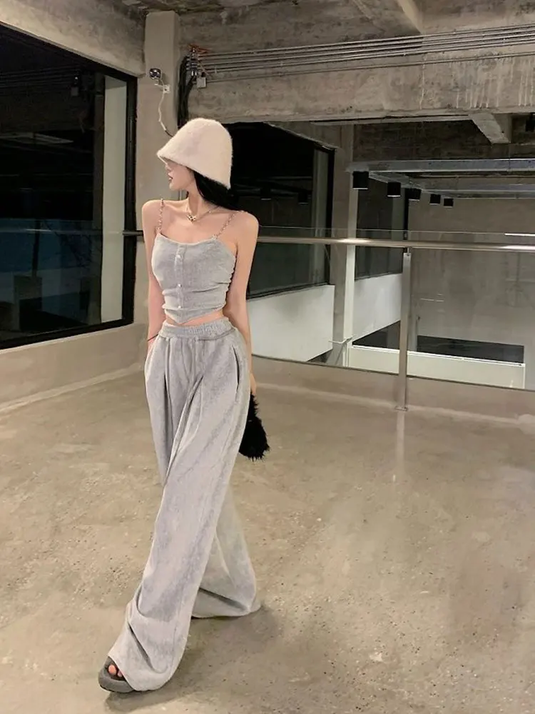 

Casual Suit Women Grey Sling Vest ＋ Loose Wide-leg Straight Trousers Spring Summer 2022 New Fashion Solid Two-piece Slim Trend