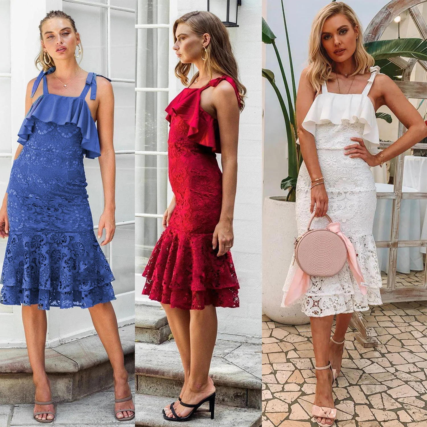 

Spring 2022 Mini Dress Lace White Suspender Midi Dress Fashion Sexy Solid Color Hollow Out Sleeveless Square Neck
