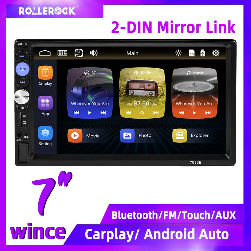 

Автомагнитола 2 Din, 7 дюймов, емкостный сенсорный экран MirrorLink, USB/TF/FM/BT, громкая связь, мультимедийный MP5-плеер для Android, встроенный Carplay
