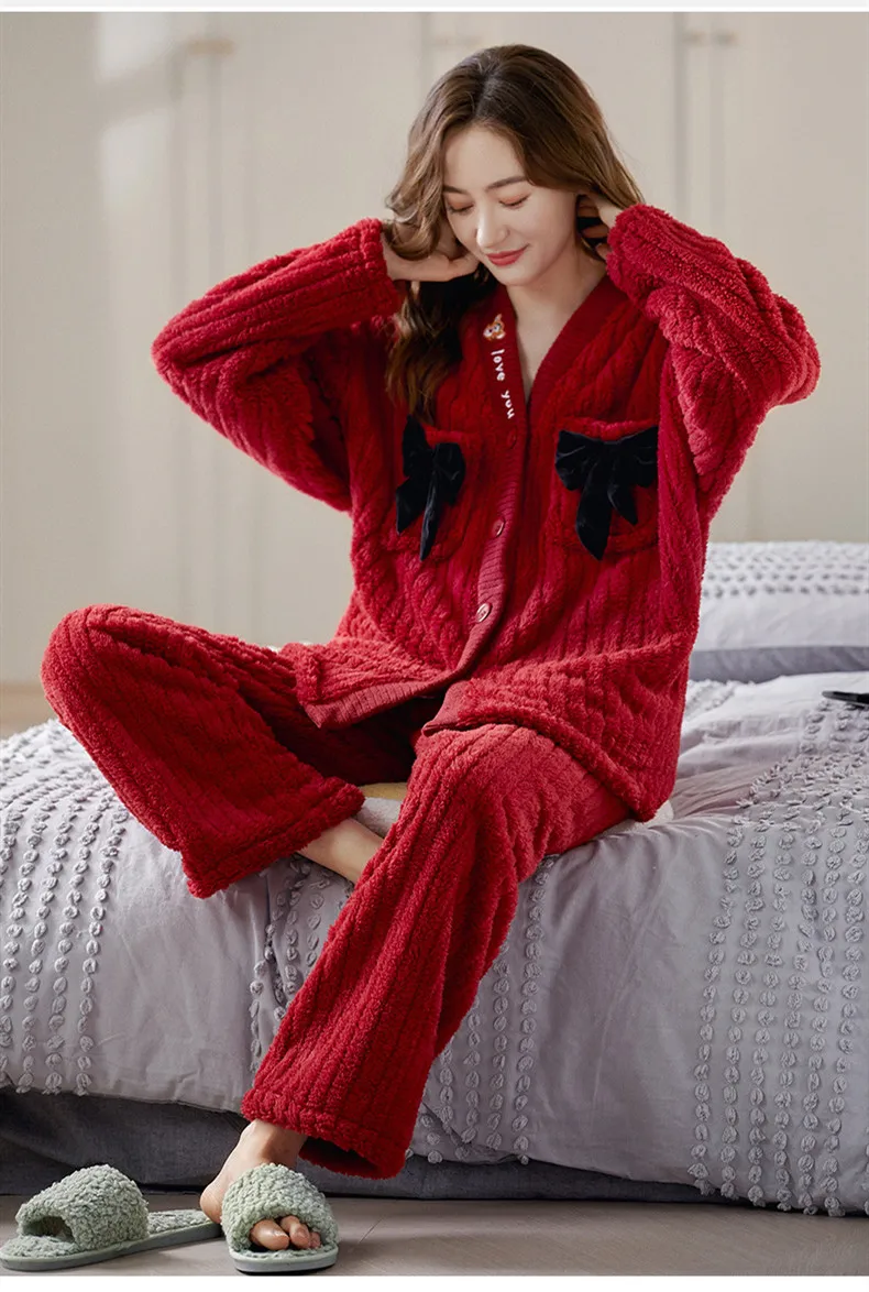 Yasuk Winter Fashion Women Men Casual Warm Soft Sleepwear Pajamas With Pant Velvet Fleecel Red Marry Couple Unisex Thick