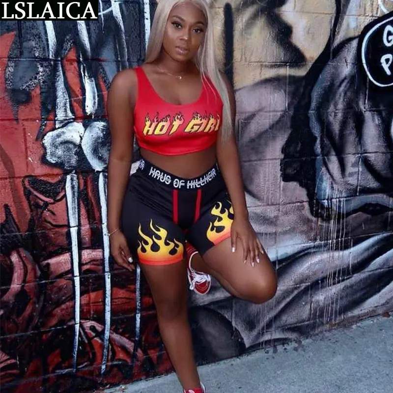

Two Piece Tank Top&Biker Shorts Letter Flame Print Casual Women Suits Sporty Outfits For Women Fitness Fashion Sets For Women