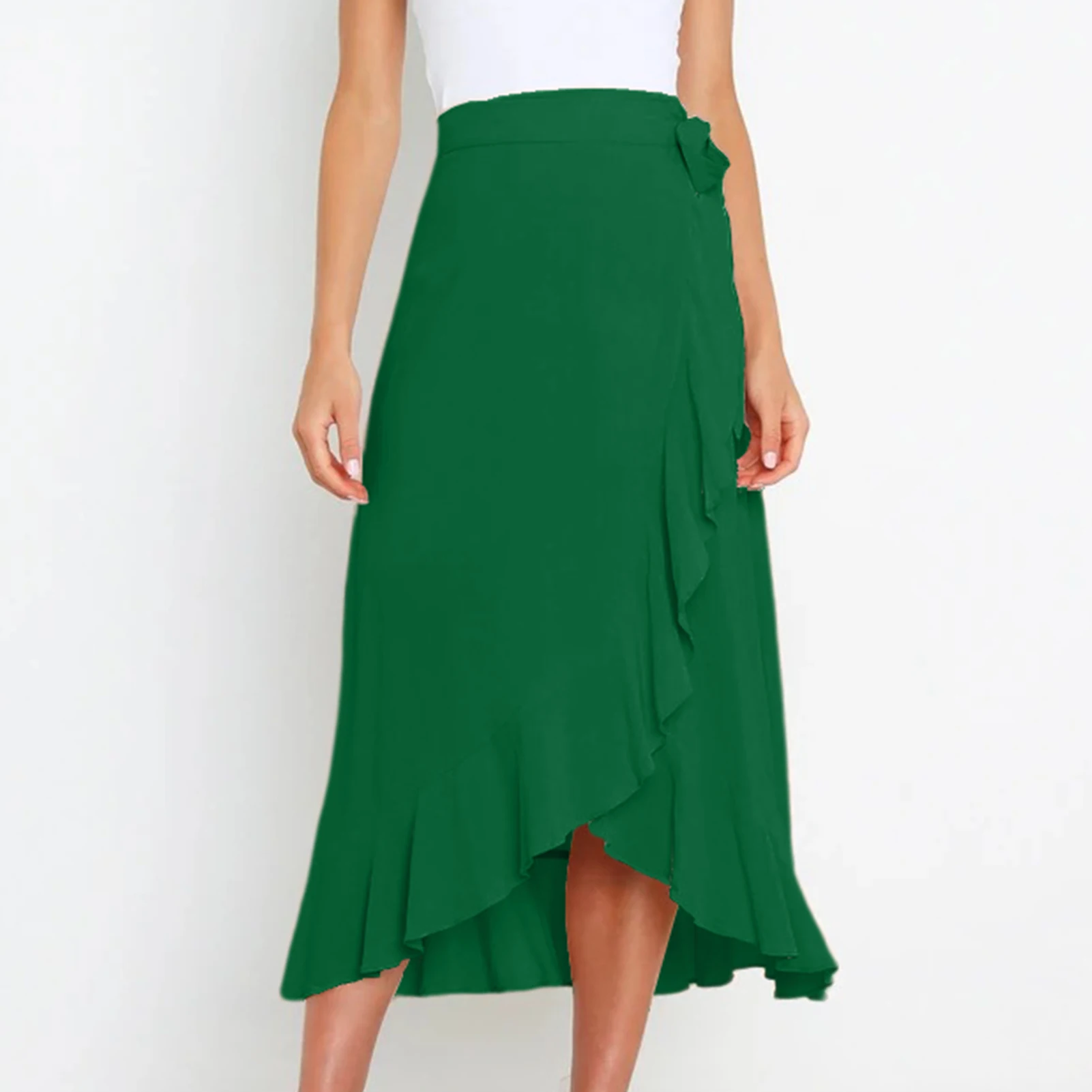 

2023 Women Fashion One Piece Lace Up Ruffle Edge Skirt Casual Solid Color Irregular Skirt Female High Waist Slim Wrap Hip Skirts