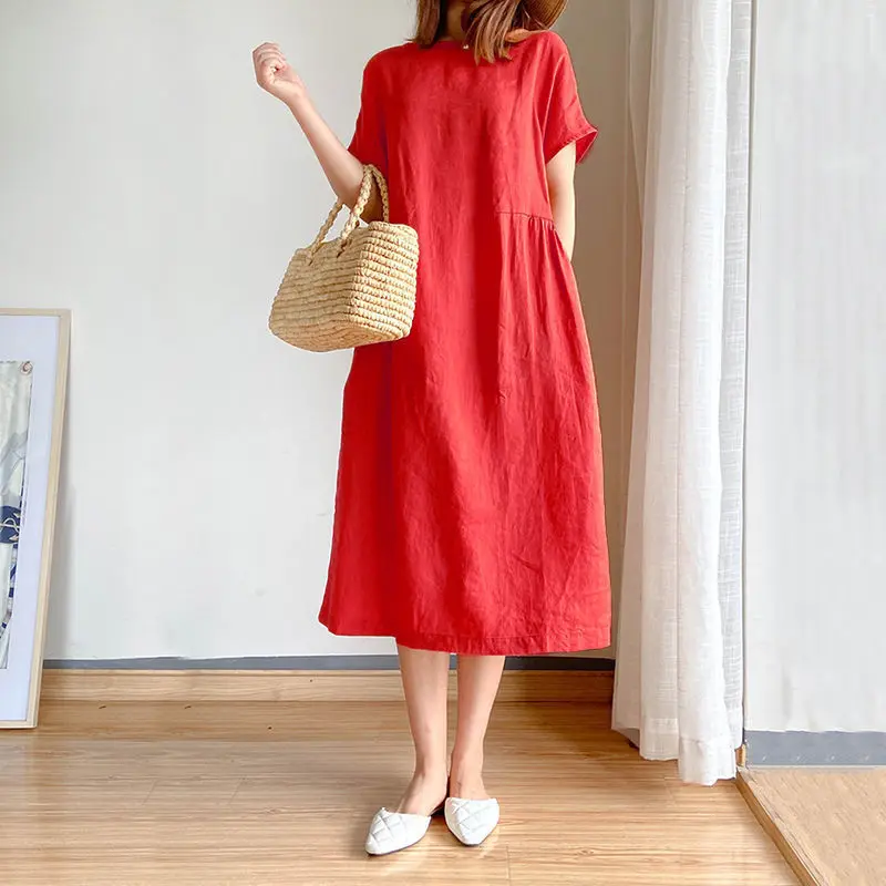 

ELIJOIN simple loose dress women's summer round neck solid color short sleeve large size long skirt