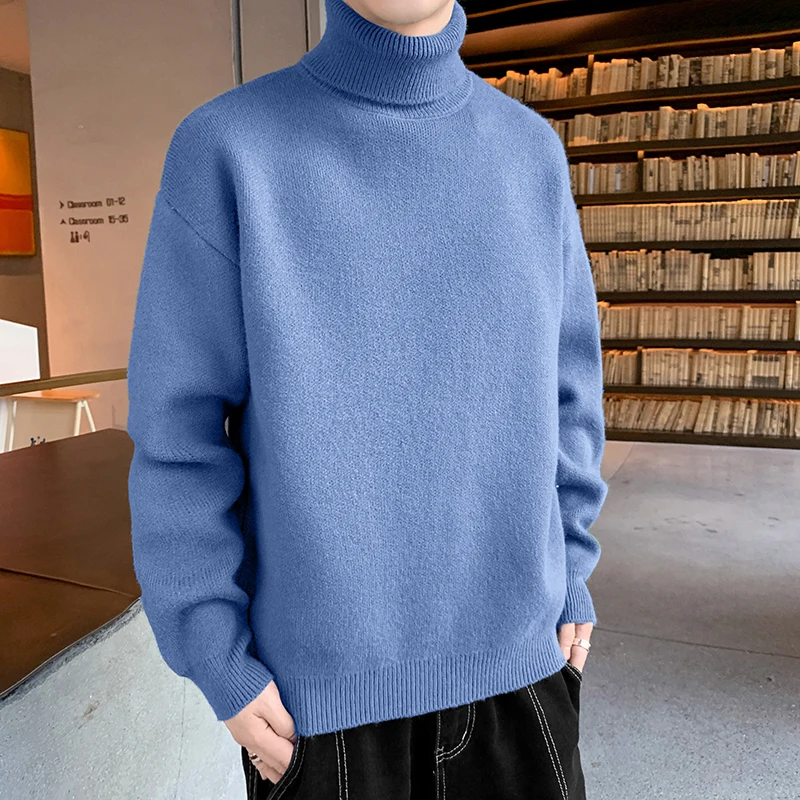 Men's Clothing Autumn Winter High-neck Screw Thread Solid Color Pullover Sweater Knitted Long Sleeve Casual High Street Tops