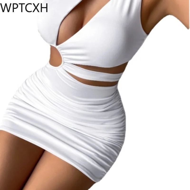 

All-match Women Party Dress Sexy Women Elegant Mini Dress One Shoulder Off Hollow Cut Out Party Nightclub Bodycon Skirts Casual