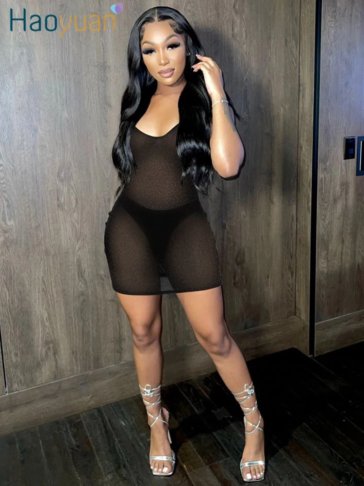 

Сексуальные яркие шелковые прозрачные сетчатые мини-платья HAOYUAN, женская летняя одежда 2022, наряды для вечерние, ночного клуба, облегающее пл...