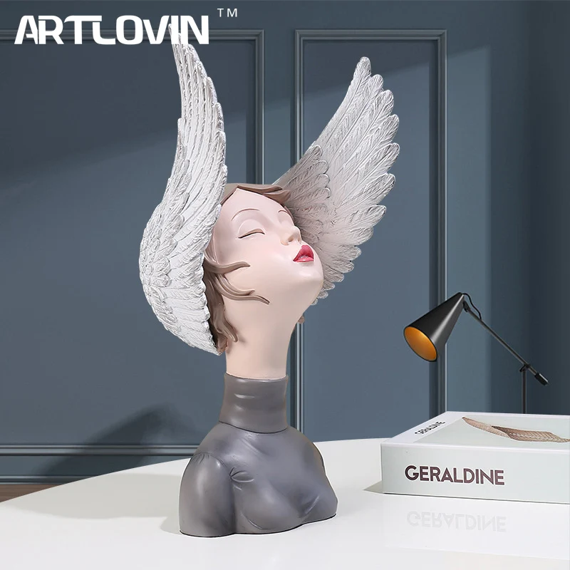 

Elegant Modern Luxury Girl Sculpture Angel with Wing on Head Girl Bust Statue Living Room Decoration Crafts Wedding Gift 24 cm