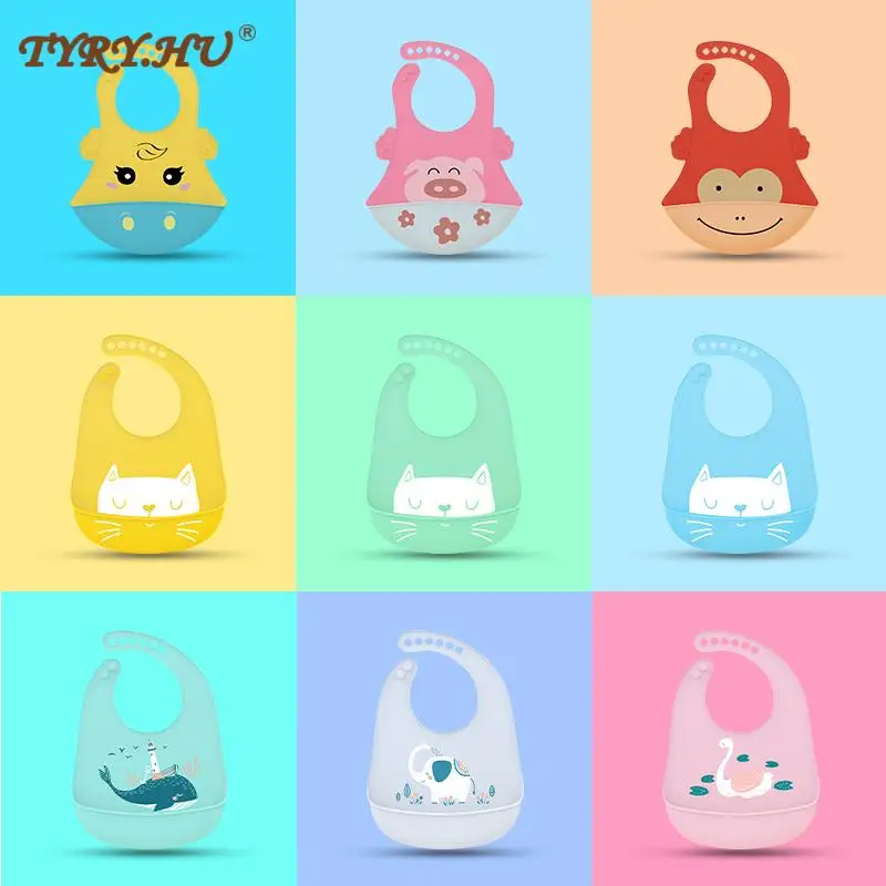 TYRY.HU Cute Baby Bibs Waterproof Silicone Bib Infant Toddler Feeding Saliva Towel Cartoon Adjustable Children Apron with Pocket