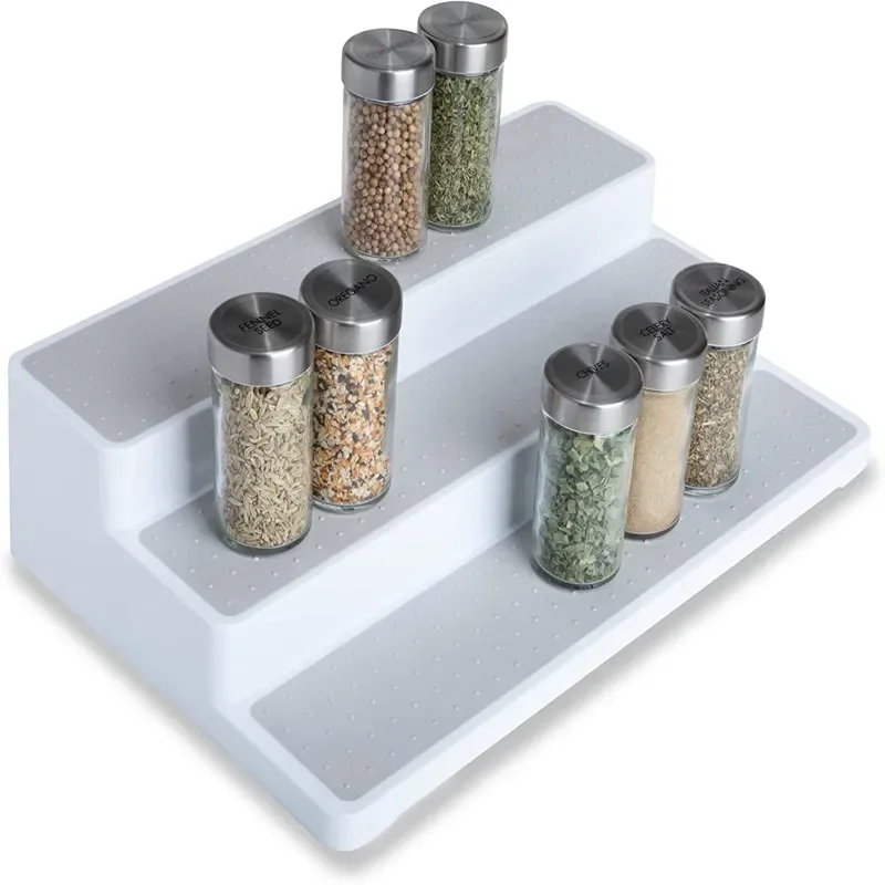 

3-Tier Plastic Spice Rack - Non-Slip Lining and Feet - BPA Free - Cupboard, Jars, Cans, Cabinet, Countertop, Pantry, Storage, Ki