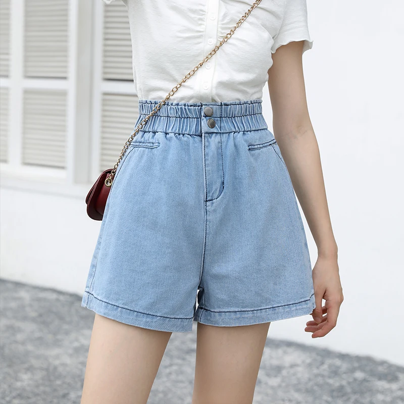 New Summer High Waist Denim White Shorts Women'S Fashion Korean Version Loose A-Word Light Color Wide Leg Elastic Bud Lady