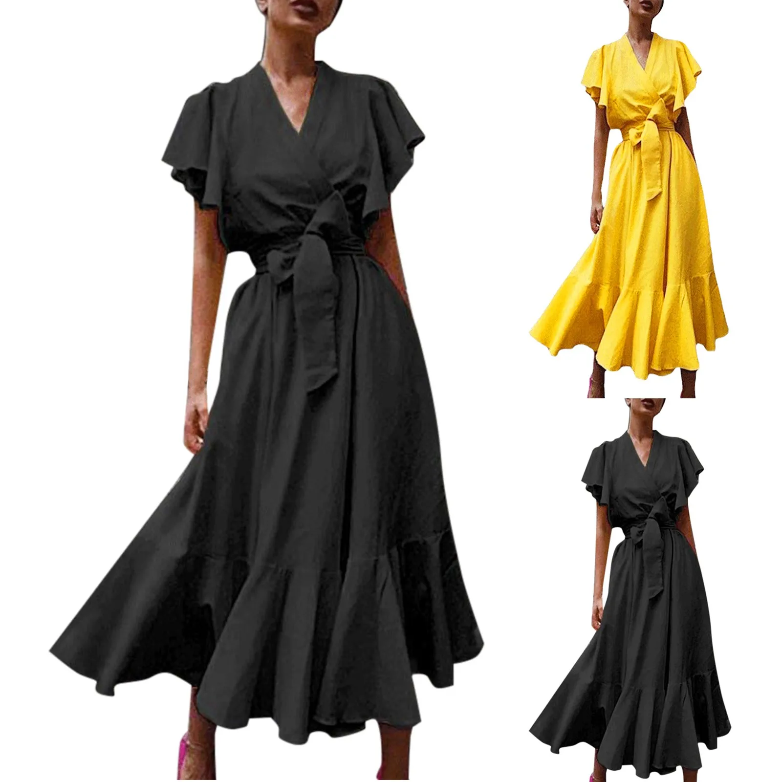 

Платье женское однотонное с V-образным вырезом, длинное повседневное в стиле ретро, с короткими рукавами, завязками и высокой талией, с широким подолом и карманами, на лето