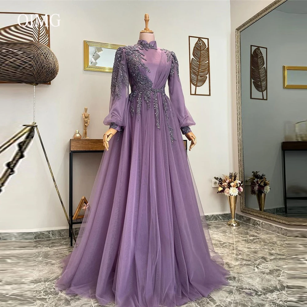 

Modest High Neck Long Sleeves Evening Dresses Applique Lace Beads Tulle Purple Saudi Arabic Formal Prom Gowns Robe De Soire