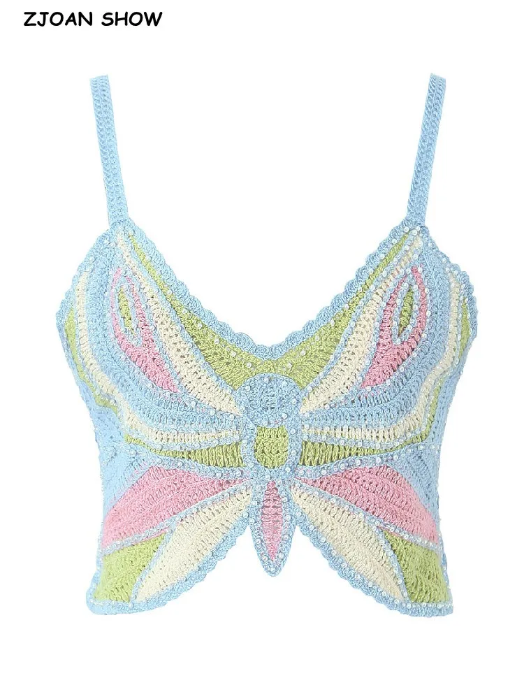 2023 BOHO Beading Butterfly Crochet Camisole Holiday Women Hollow Out Contrast Color Corset Sexy Tank Tops Summer Cropped Camis