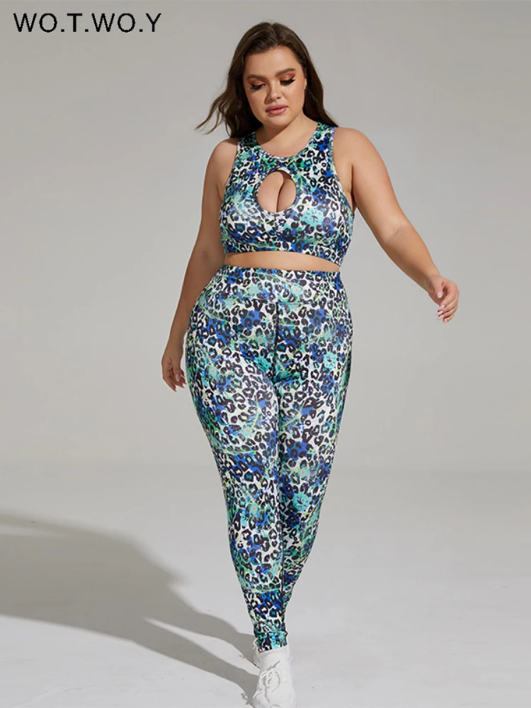 

WOTWOY Leopard Print Plus Size Two Piece Set Women Quick-drying Fitness Clothes Female Elastic Waist Pants Front Cutout Tops
