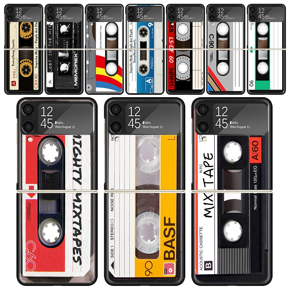 Vintage Magnetic Old Tape Cassette Shockproof Folding Mobile Hard Shell For Samsung Galaxy Z Flip 4 3 5G TPU Black Phone Case Fl
