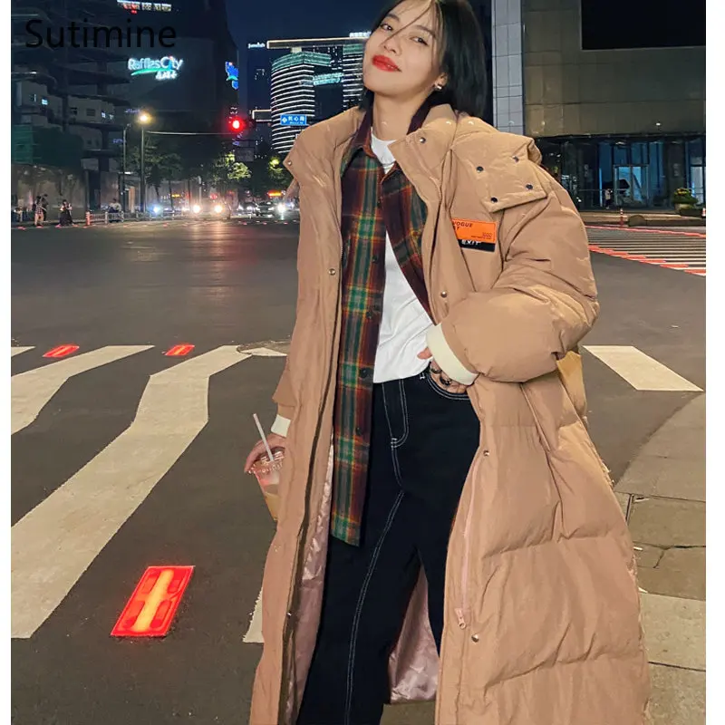 Winter Clothes Women Pockets Zipper Thickened Over Knee Down Loose Hooded Cotton Padded Jacket Office Lady Button Winter Coat