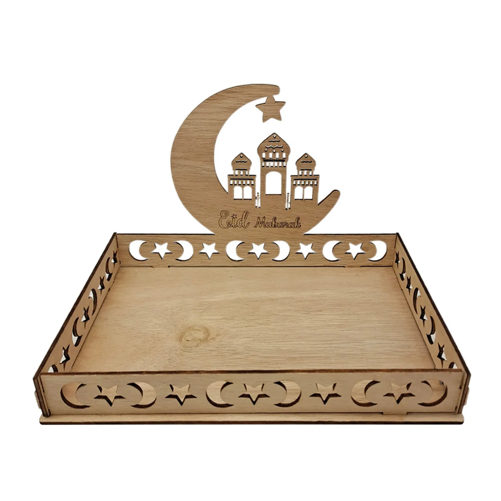 

Wooden Eid Dessert Tray Eid Mubarak Square Crescent Food Serving Tray For Dessert Cake Pastry Breakfast Display Holder Tableware