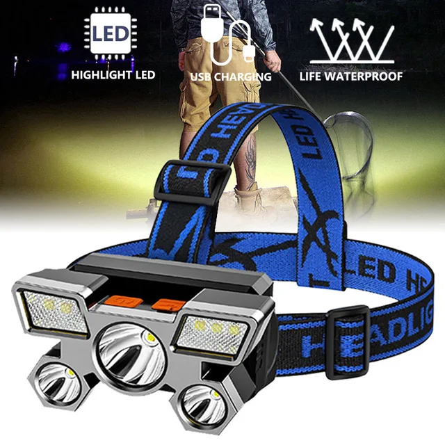 Led Five-Head Headlight Strong Light Super Bright Rechargeable Fishing Lamp Long-Range Head-Mounted Mine Lamp Flashlight 1