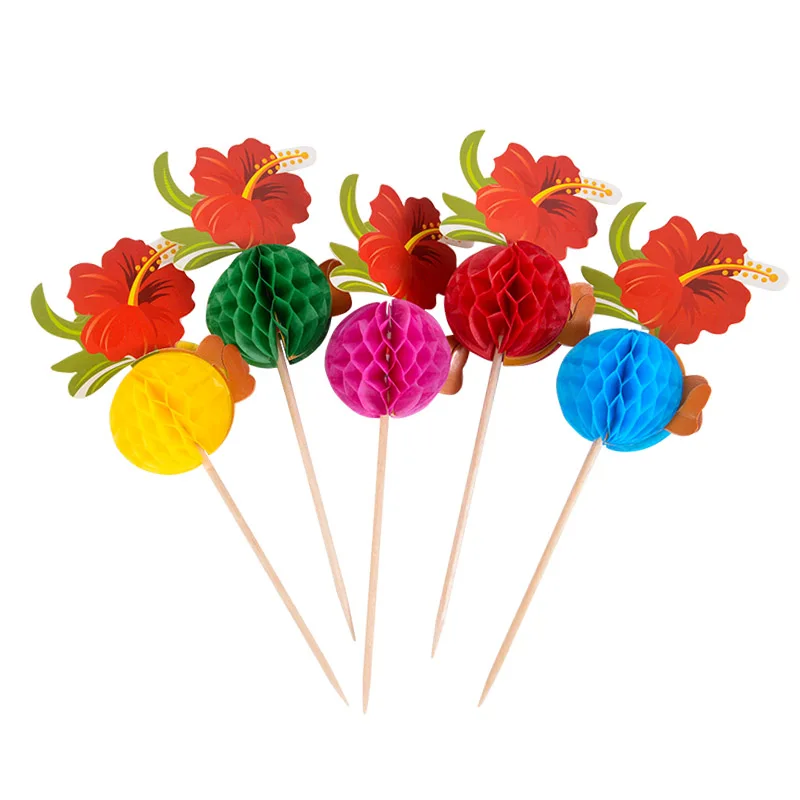 

50pcs Hawaiian Party Coconut Tree Fruit Toothpick Tropical Flower Cocktail Bamboo Picks Summer Wedding Birthday Party Decoration