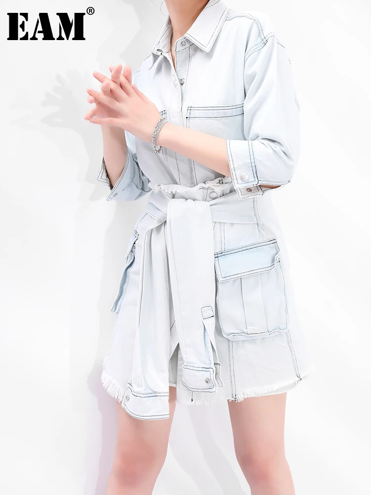 

[EAM] Light Blue Skirt Denim Irregular Two Pieces Suit New Lapel Half Sleeve Loose Women Fashion Spring Autumn 2022 1Y33105M