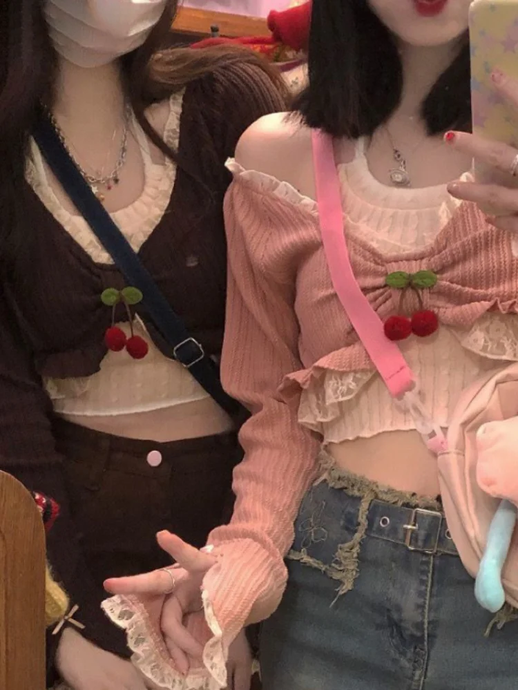 

Комплект из двух предметов Y2k, весенний японский кавайный кружевной лоскутный Короткий трикотажный кардиган + Холтер, модная базовая майка, ...