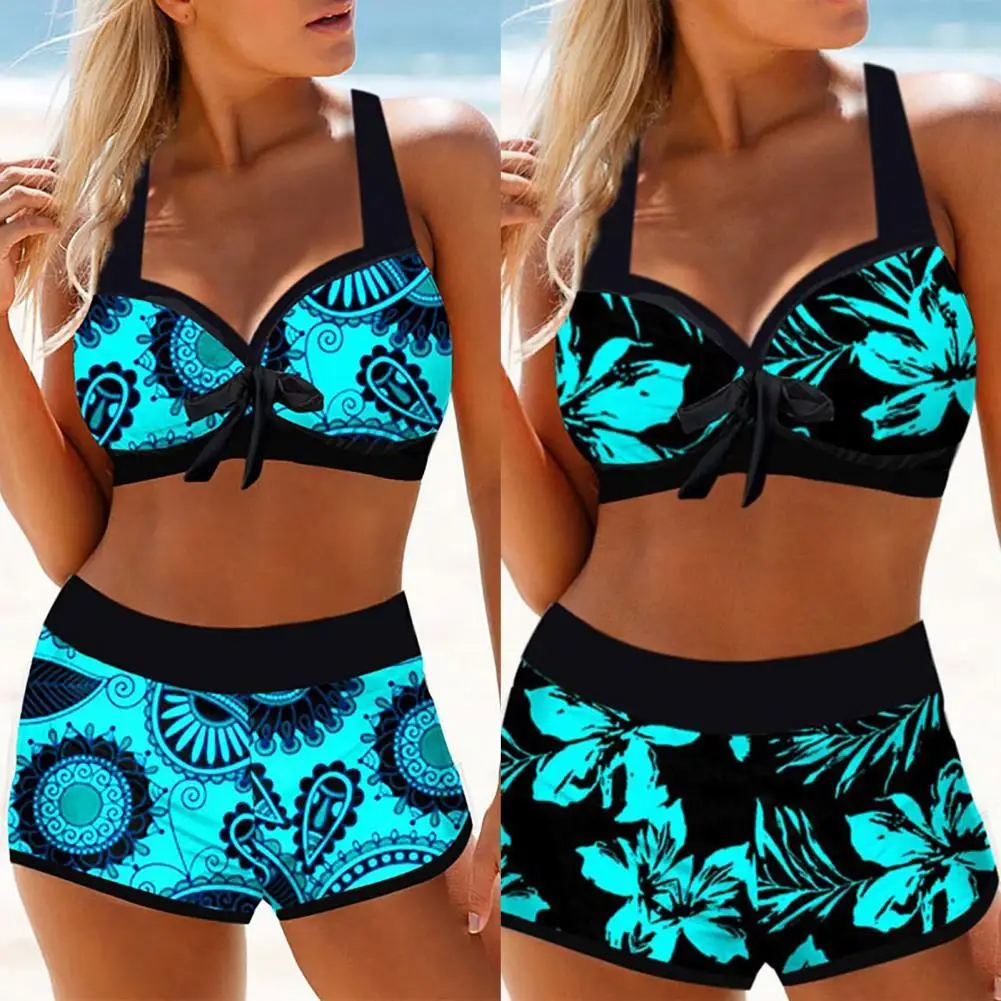 

2 Pcs/Set Stylish Floral Print Bikini Set Geometric Disconnected Quick Dry Swimwear Summer Breathable Stretchy Swimsuit Set