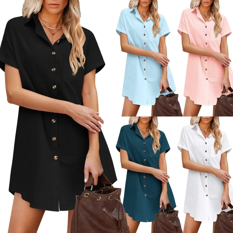 

Женское летнее платье-рубашка с коротким рукавом и воротником на пуговицах, купальник, Пляжная накидка, однотонный кардиган, блузки, Топ
