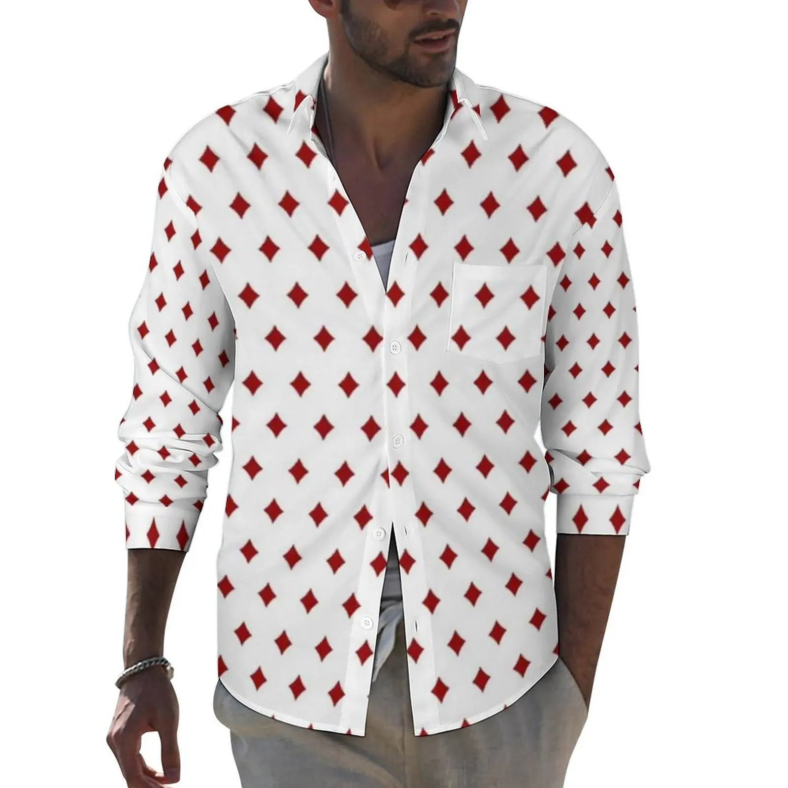 

Red Playing Poker Shirt Diamonds Card Suits Casual Shirts Long Sleeve Printed Street Blouses Autumn Retro Oversized Clothing