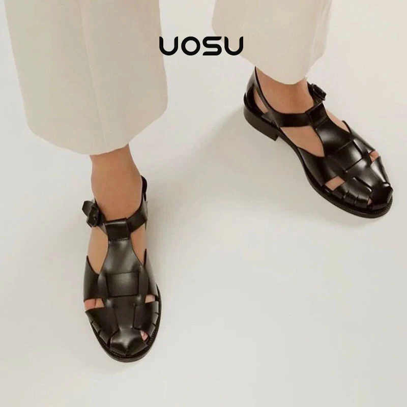 

Platform Sandals Women Gladiator Weave Round Toe Splite Leather Buckle Ankle Strap Retro Ladies Shoes Luxury Design Flats