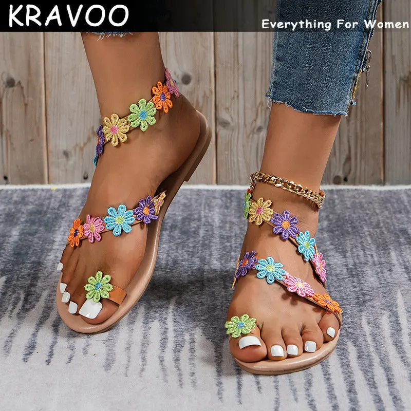 

KRAVOO Bohemian Women Shoes Ethnic Colorful Flower Sandals Women Low Heels Slippers Elastic Band Beach Clip Toe Appliques Sandal