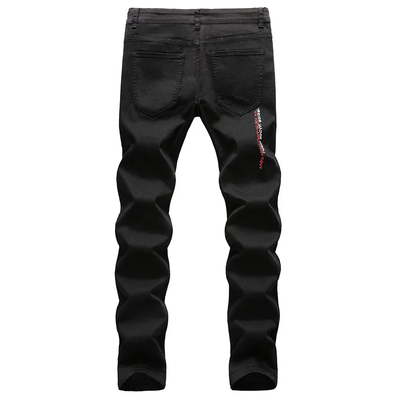 Fashion Embroidery Letters Jeans Man Skinny Runway Zipper Denim Pants Men Destroyed Ripped Hip-hop Trousers Black White Jeans