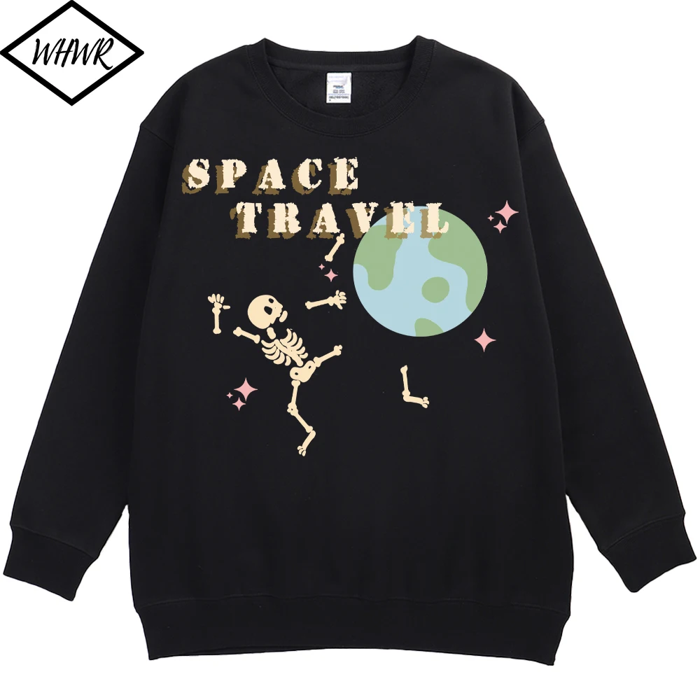 

WHWR Hip Hop Streetwear Sweatshirts Cartoon Skull Skeleton Letter Planet Printed Mens Tops Winter Thicken Casual Pullover