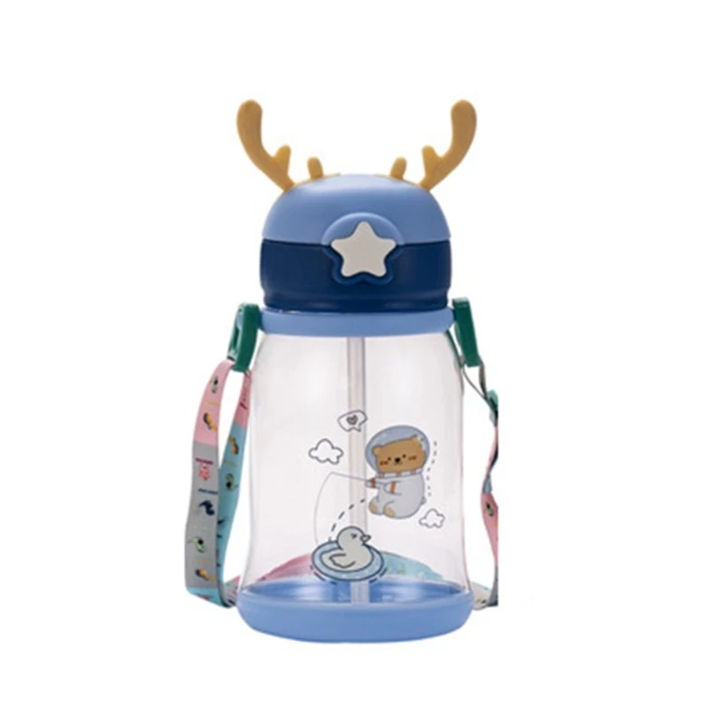 

Бутылка для воды с изображением рогов из мультфильмов, с соломинкой и ремешком, герметичные прозрачные бутылки для напитков