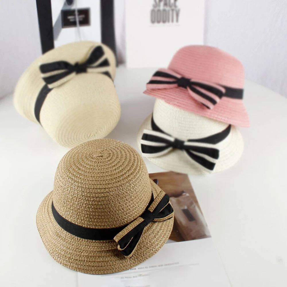 

Summer Straw Hat Baby Girls Bowknot Pink Dome Hats Beach Outdoor Windproof Cap Children Panama Caps Sunhat For Kids 1-4 Years